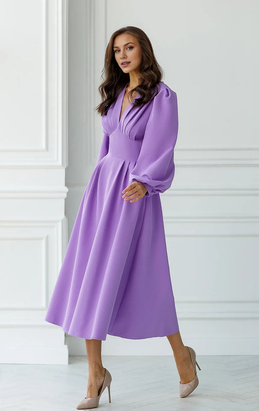 Xuewuba Dress Purple V-Neck Puff-Sleeve Midi Dress Party Dress Elegant Tea-Length A-line Prom Dress
