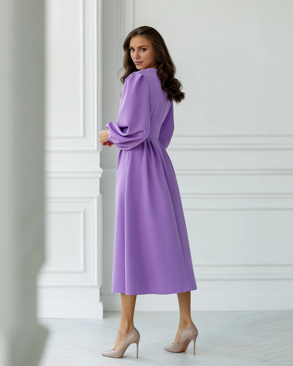 Xuewuba Dress Purple V-Neck Puff-Sleeve Midi Dress Party Dress Elegant Tea-Length A-line Prom Dress