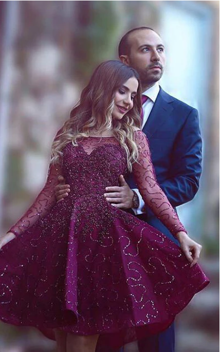 Xuewuba Dress Round Neck Timeless Long Sleeves Beadings Sequins Short A-Line Prom Dress