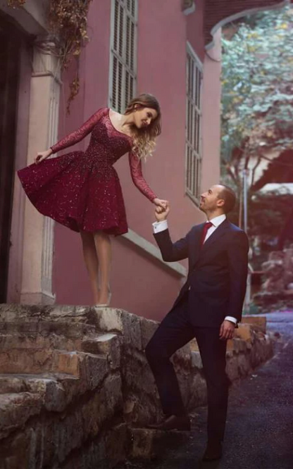 Xuewuba Dress Round Neck Timeless Long Sleeves Beadings Sequins Short A-Line Prom Dress