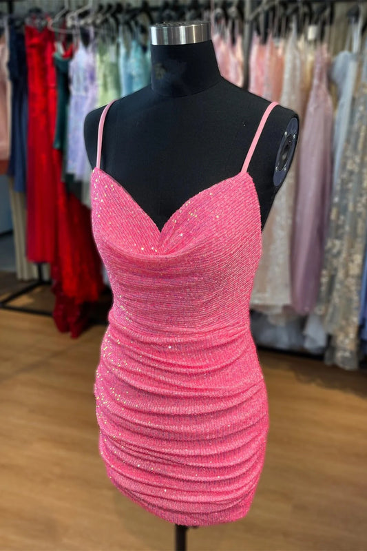Xuewuba Dress Ruched Straps Hot Pink Sequin Mini Dress Homecoming Dress