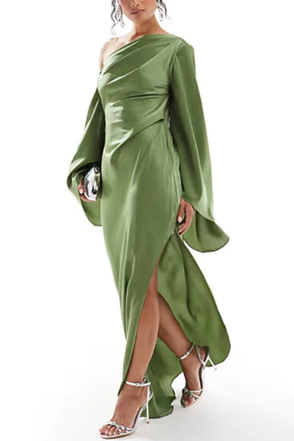 Xuewuba Dress Satin Asymmetrical One Shoulder Bell Sleeve Slit Floor Length Prom Dress