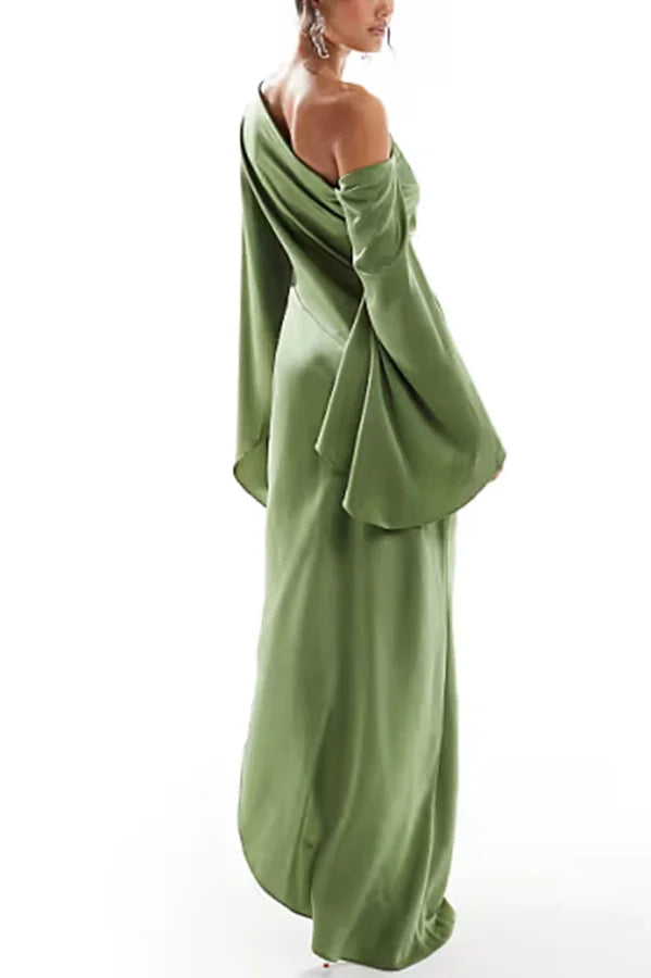 Xuewuba Dress Satin Asymmetrical One Shoulder Bell Sleeve Slit Floor Length Prom Dress