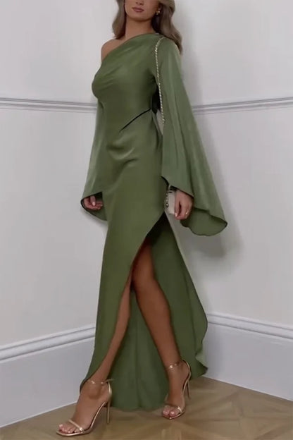 Xuewuba Dress Satin Asymmetrical One Shoulder Bell Sleeve Slit Floor Length Prom Dress