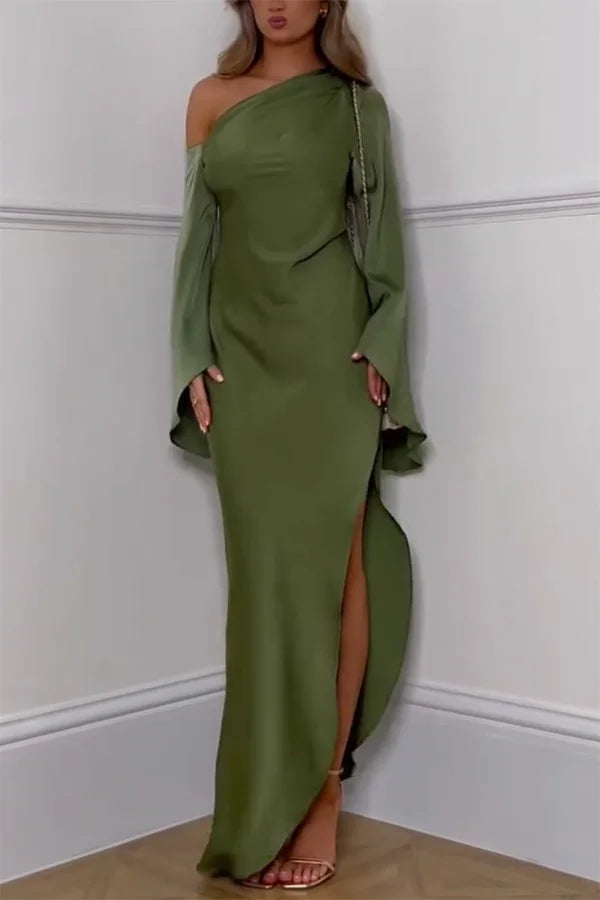 Xuewuba Dress Satin Asymmetrical One Shoulder Bell Sleeve Slit Floor Length Prom Dress
