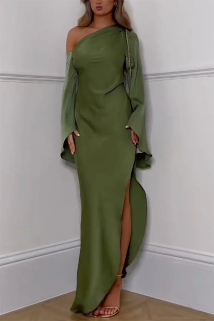 Xuewuba Dress Satin Asymmetrical One Shoulder Bell Sleeve Slit Floor Length Prom Dress