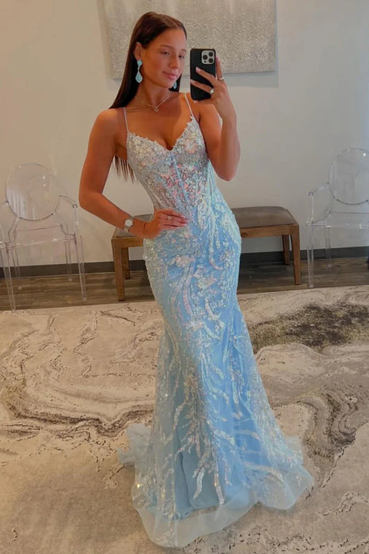Xuewuba Dress Sequin Light Blue Mermaid Prom Dress Spaghetti Straps Sweep Train Evening Dress