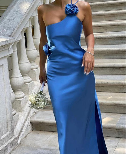 Xuewuba Dress Sexy A line Backless Maxi Dress Royal Blue Satin Prom Dresses