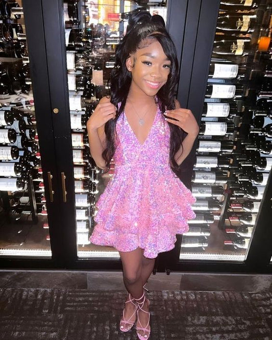 Xuewuba Dress Sexy A line Spaghetti Straps Pink Sequin Short Homecoming Dress