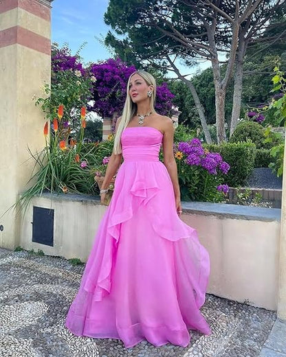 Xuewuba Dress Sexy A line Strapless Sleeveless Party Dress Pink Floor-Length Prom Dress