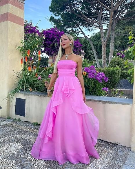 Xuewuba Dress Sexy A line Strapless Sleeveless Party Dress Pink Floor-Length Prom Dress