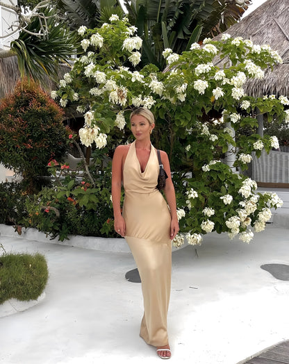 Xuewuba Dress Sexy Cowl Neck Sheath Straps Backless Champagne Floor Length Prom Dresses Evening Dress