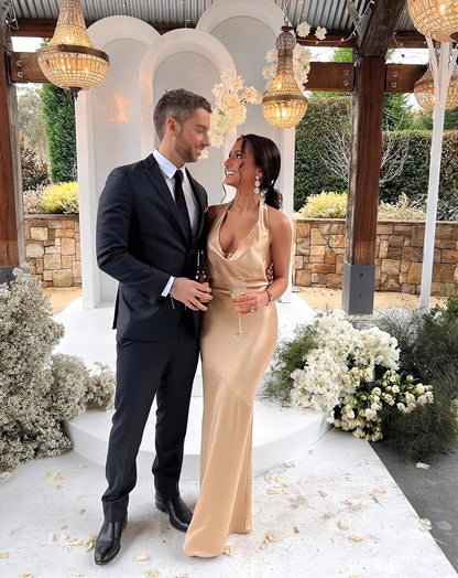 Xuewuba Dress Sexy Cowl Neck Sheath Straps Backless Champagne Floor Length Prom Dresses Evening Dress
