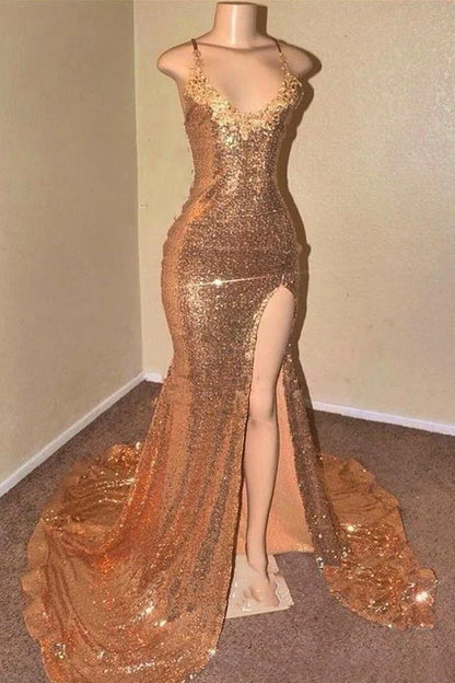 Xuewuba Dress Sexy Gold Sequin Spaghetti Straps Slit Open Back Prom Dresses