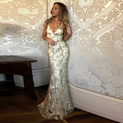 Xuewuba Dress Sexy Mermaid Gold Sequin Tulle Long Backless Prom Dress Lace Up Evening Dress