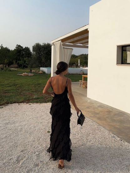 Xuewuba Dress Sexy Mermaid Spaghetti Straps Chiffon Black Backless Prom Dresses