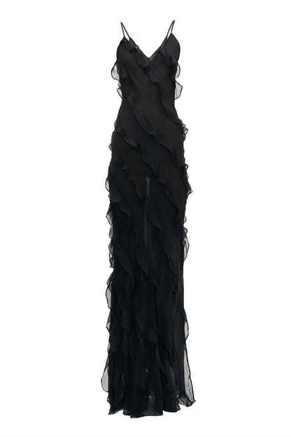 Xuewuba Dress Sexy Mermaid Spaghetti Straps Chiffon Black Backless Prom Dresses