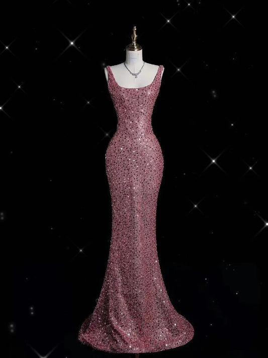 Xuewuba Dress Sexy Mermaid Straps Floor Length Pink Sequin Long Prom Dresses Evening Gowns