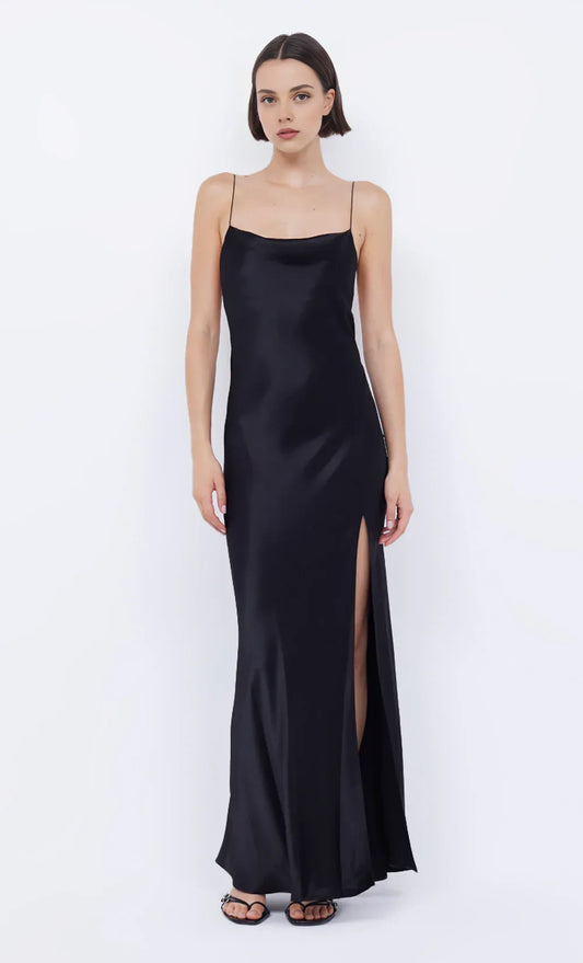 Xuewuba Dress Sexy Spaghetti Straps Cowl Neck Sleeveless Evening Dress Black Prom Dress Side Slit Maxi Dress
