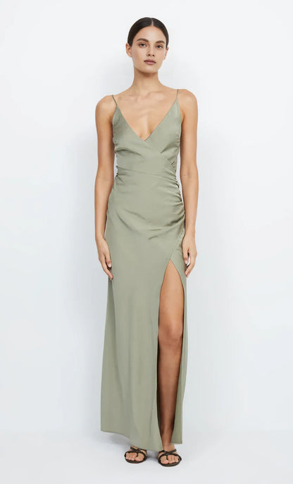 Xuewuba Dress Sexy V Back V Neck Sleeveless Evening Dress Sage Prom Dress Sheath Side Slit Maxi Dress