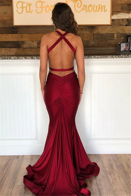 Xuewuba Dress Sheath Deep V Neck Long Mermaid Halter Open Back Prom Dress