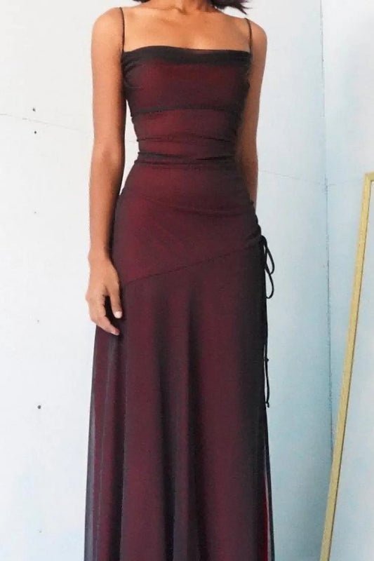 Xuewuba Dress Sheath Spaghetti Straps Burgundy Long Prom Dress with Silt Evening Dress