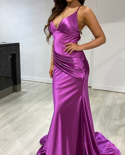 Xuewuba Dress Sheath V-neck Sleeveless Pleated Sweep Train Open Back Satin Dress Prom Dress