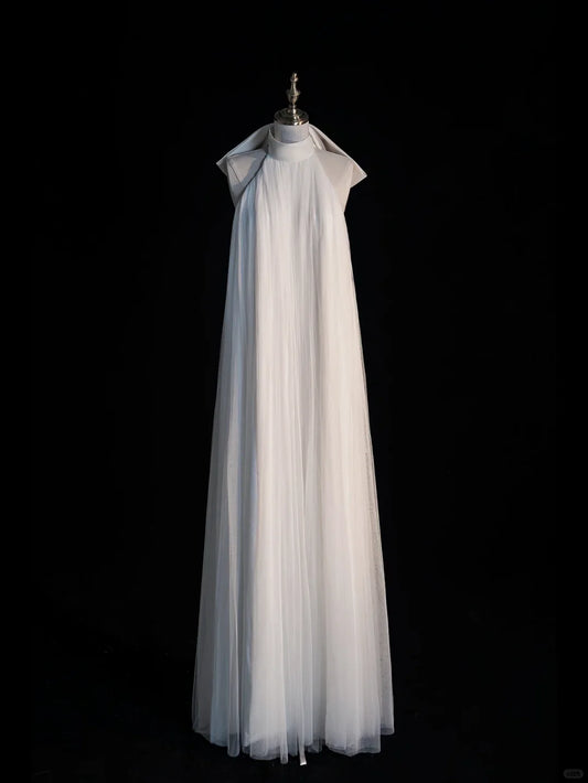 Xuewuba Dress Simple A Line Halter White Tulle Long Open Back Party Dress Evening Dress Sleeveless Prom Dress