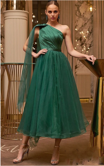 Xuewuba Dress Simple A Line Satin One-shoulder Ankle-length Lace-up Evening Dress with Bow Prom Dress Formal Wear Dresses