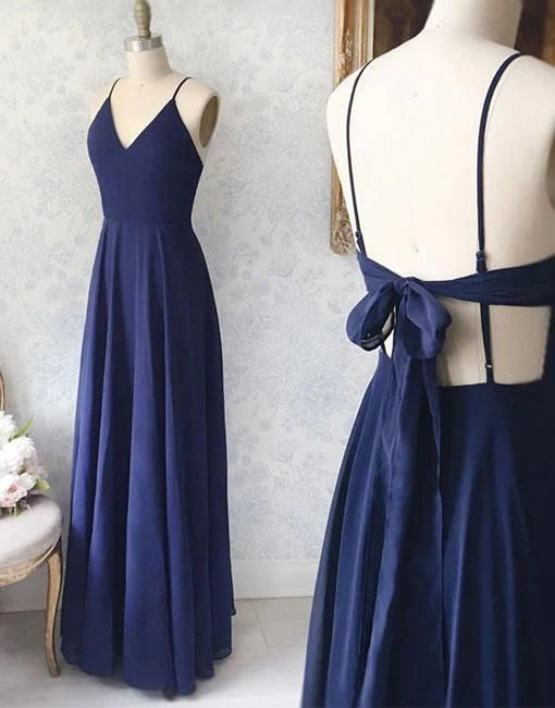 Xuewuba Dress Simple Blue V Neck Chiffon Long Prom Dress Open Back Lace Up Evening Dress