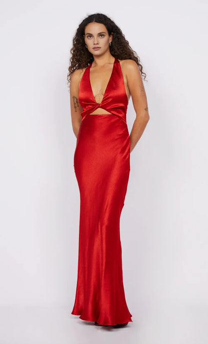 Xuewuba Dress Simple Deep V Neck Sleeveless Evening Dress Red Floor Length Prom Dress Twist Dress