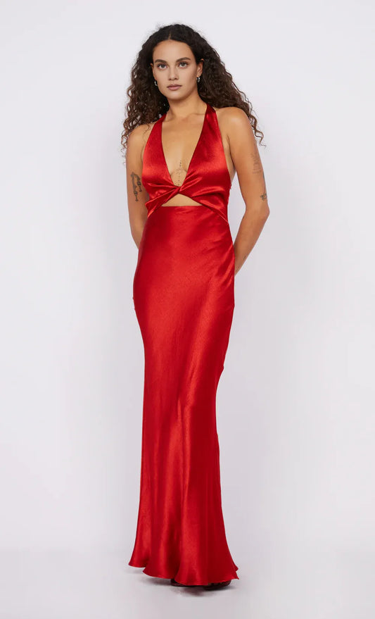 Xuewuba Dress Simple Deep V Neck Sleeveless Evening Dress Red Floor Length Prom Dress Twist Dress