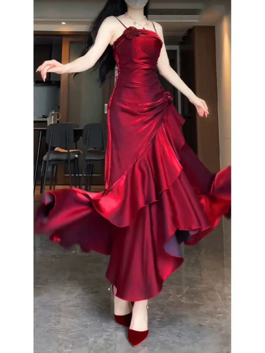 Xuewuba Dress Simple Mermaid Spaghetti Straps Burgundy Party Dress Long Prom Dresses