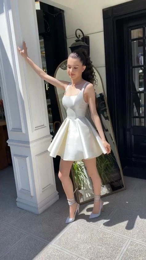 Xuewuba Dress Simple Sequare Neck White Short Prom Dress Elegant Homecoming Dress