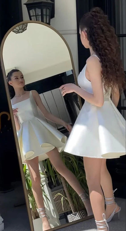 Xuewuba Dress Simple Sequare Neck White Short Prom Dress Elegant Homecoming Dress