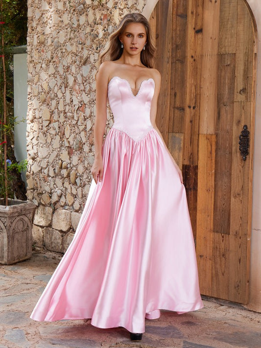 Xuewuba Dress Sleeveless A-line Sweetheart Beading Floor-Length Satin Dress Prom Dress