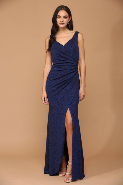 Xuewuba Dress Sleeveless Metallic Mother of the Bride Dress Zipper Back Royal Blue Formal Prom Dress With Slit