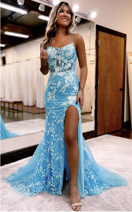 Xuewuba Dress Spaghetti Sky Blue Mermaid Lace Applique Sexy Front Split Prom Dress Formal Wear Dresses