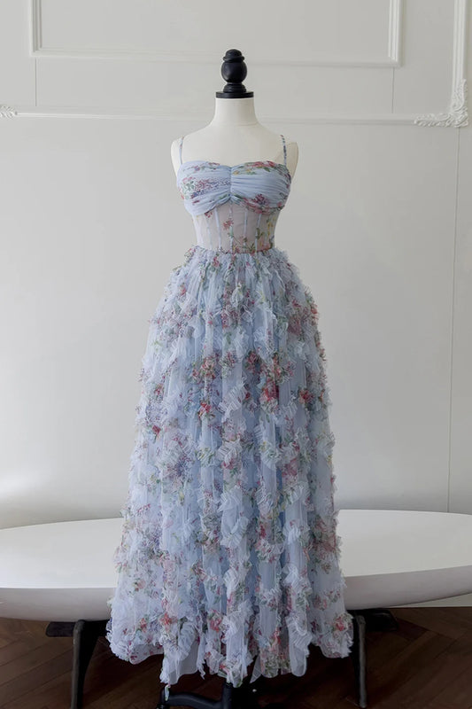 Xuewuba Dress Spaghetti Straps Blue Floral Print Ruched Long Dress Prom Dress