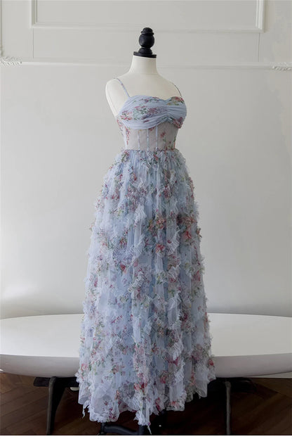 Xuewuba Dress Spaghetti Straps Blue Floral Print Ruched Long Dress Prom Dress