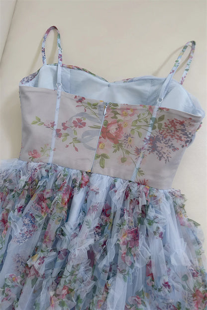 Xuewuba Dress Spaghetti Straps Blue Floral Print Ruched Long Dress Prom Dress