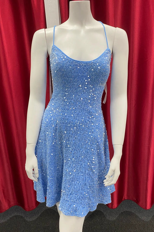Xuewuba Dress Spaghetti Straps Blue Sequin Short Homecoming Dress