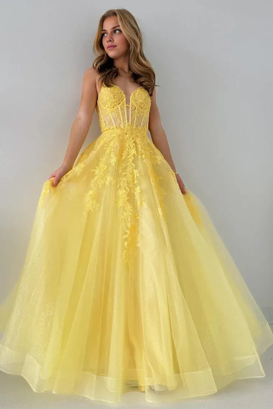 Xuewuba Dress Spaghetti Straps Cute A Line Tulle Appliques Lace-Up Long Prom Dress