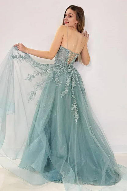 Xuewuba Dress Spaghetti Straps Cute A Line Tulle Appliques Lace-Up Long Prom Dress