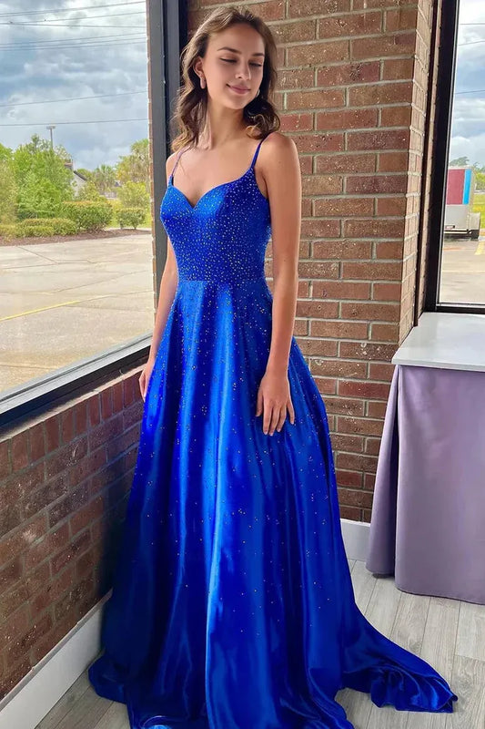 Xuewuba Dress Spaghetti Straps Cute A Line V Neck Royal Blue Satin Long Prom Dresses with Beading