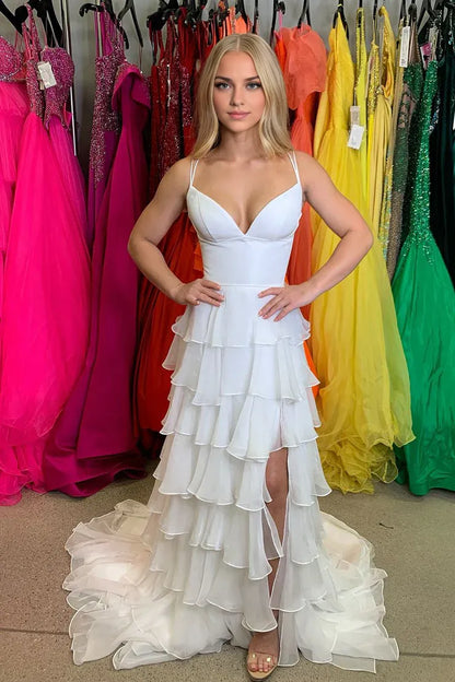 Xuewuba Dress Spaghetti Straps Cute A Line V Neck White Chiffon Tiered Long Prom Dresses