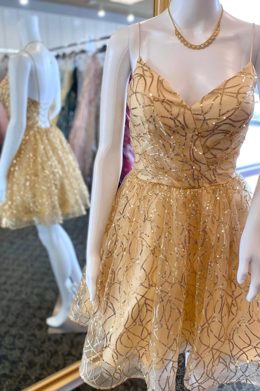 Xuewuba Dress Spaghetti Straps Golden Beaded A-line Short Princess Dress Homecoming Dresses