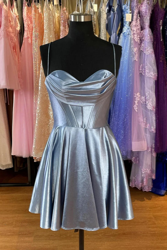 Xuewuba Dress Spaghetti Straps Grey Cowl Neck Short A-line Princess Dress Homecoming Dress