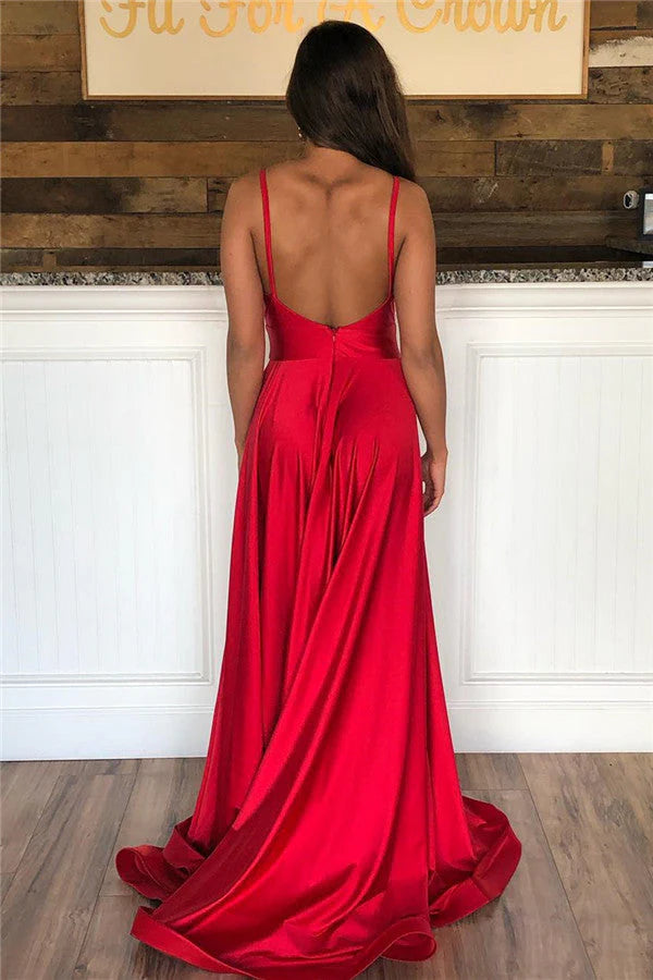 Xuewuba Dress Spaghetti Straps Long A-line Open Back V-neck Red Prom Dress With Slit
