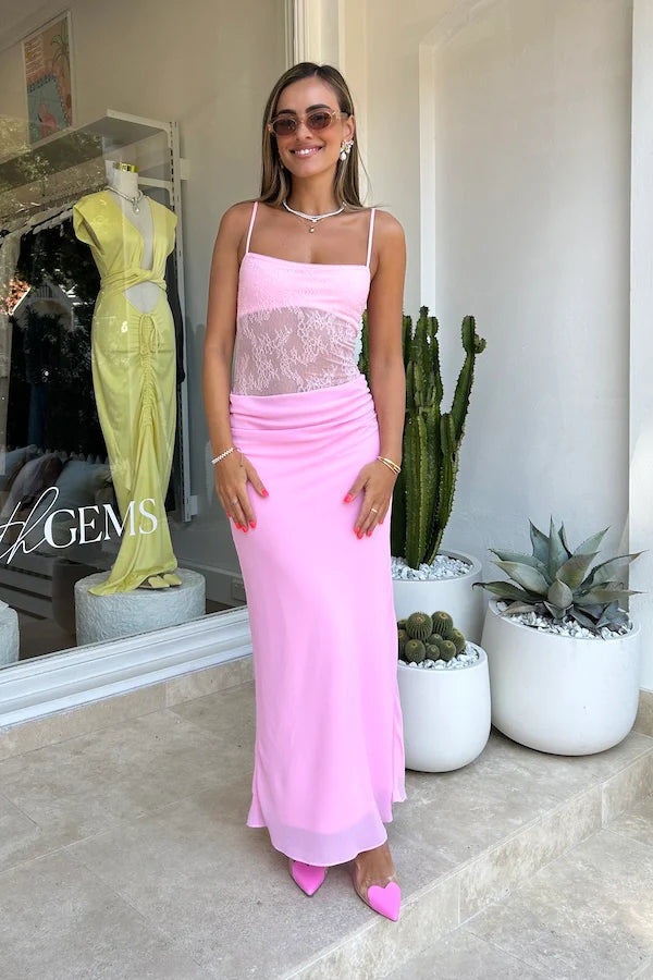 Xuewuba Dress Spaghetti Straps Maxi Dress Pink Summer Vacation Sleeveless Lace Waist Prom Dress